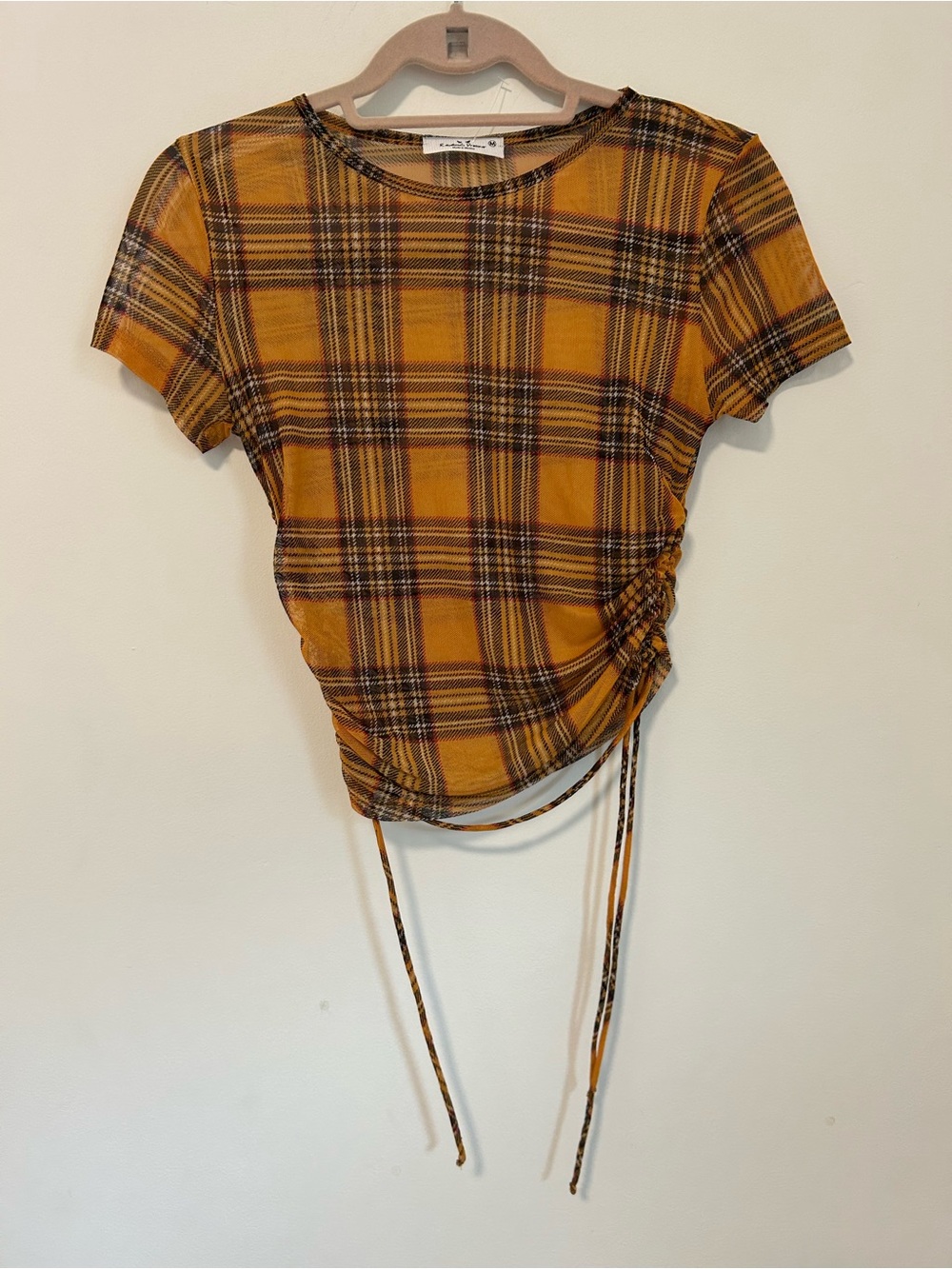 Plaid Side-Ruched Crop Top in Mustard